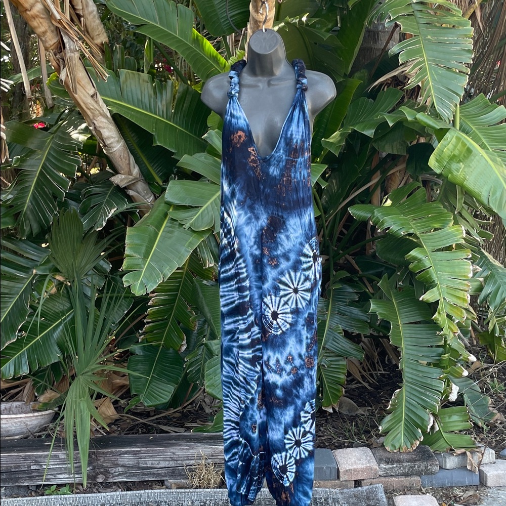 deep, blue and brown and white tie-dye teabag jumpsuit with balloon legs